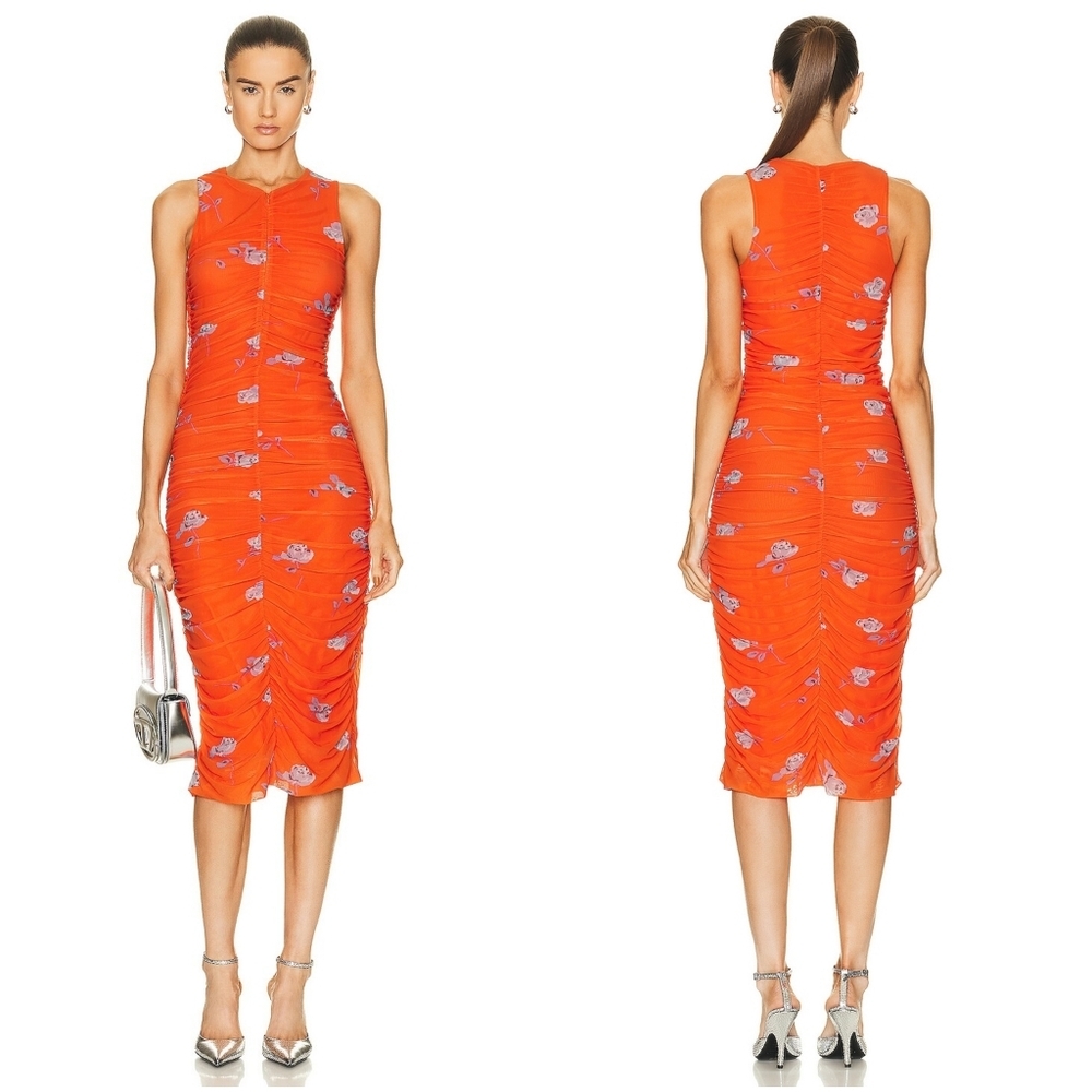 Ganni Printed Mesh Ruched Sleeveless Midi Sun Dress 36/4 Sundress New